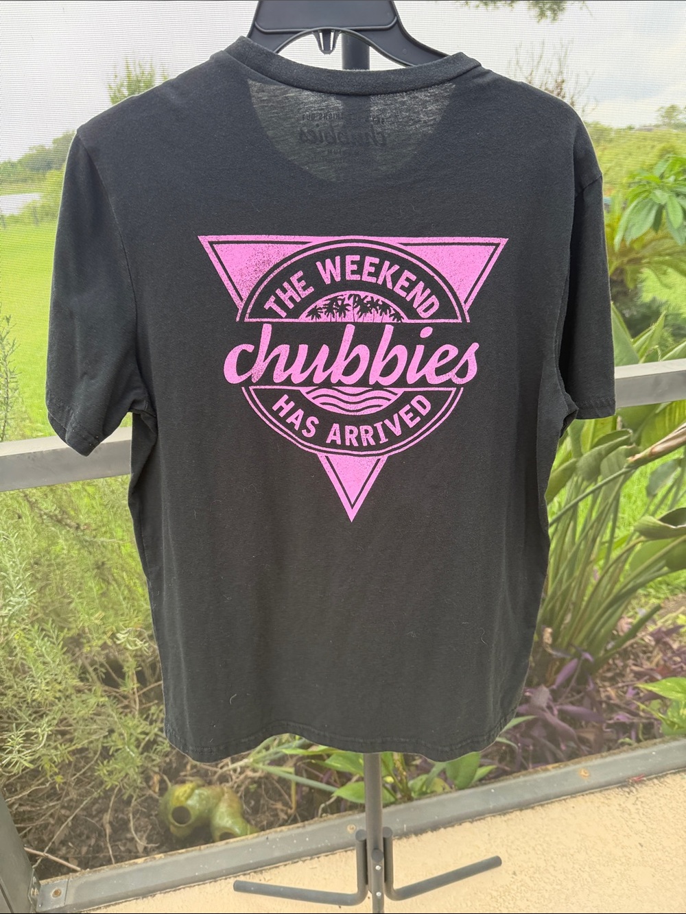 chubbies Black Short Sleeve Tee with Pink Logo the weekend has arrived